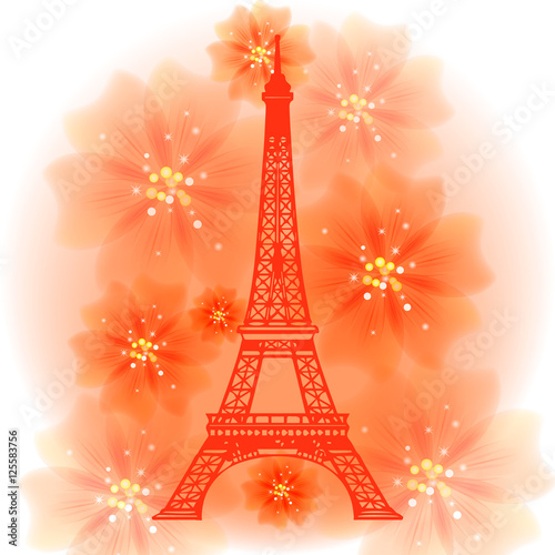 Fototapeta Naklejka Na Ścianę i Meble -  Landmark Paris - Eiffel Tower on a background with flowers