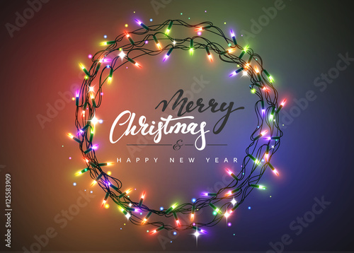 Merry Christmas and happy New Year Lettering label. Glowing Christmas Lights Wreath for Xmas Holiday Greeting Cards Design. Glowing lights Garlands Xmas Holiday greeting card design