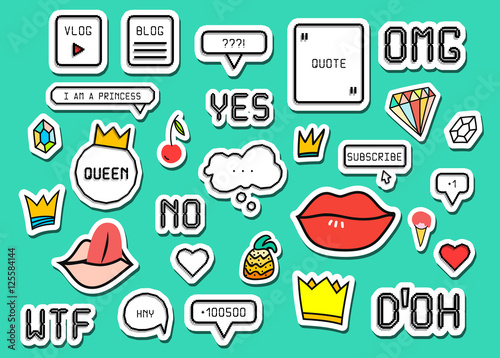 Patch fashion collection. Popular phrases: Omg Yes No Wtf Doh. Sticker style pixel art, crown, lips, ice cream, diamond, pineapple. Design elements vector illustration