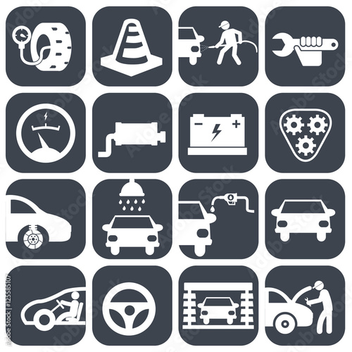 Fototapeta Naklejka Na Ścianę i Meble -  Vector auto car and mechanic icons set.car part set of repair icon vector illustration.Car service maintenance icon
