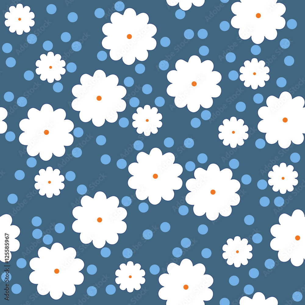 Seamless vector pattern with white flowers and dots.