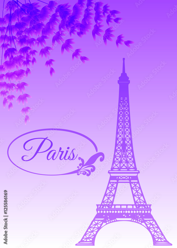 Landmark of Paris - the Eiffel Tower, on lavender background with flowers