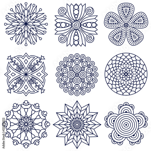 Flower mandala elements.  Floral doodle stamp and punch set, ornamental prints for coloring book pages, botanicals icons. 