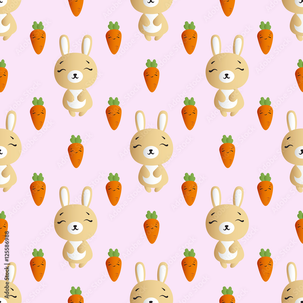 seamless pattern with smiling brown bannies and orange carrots on a pink background seamless pattern with smiling brown bannies and orange carrots on a pink background