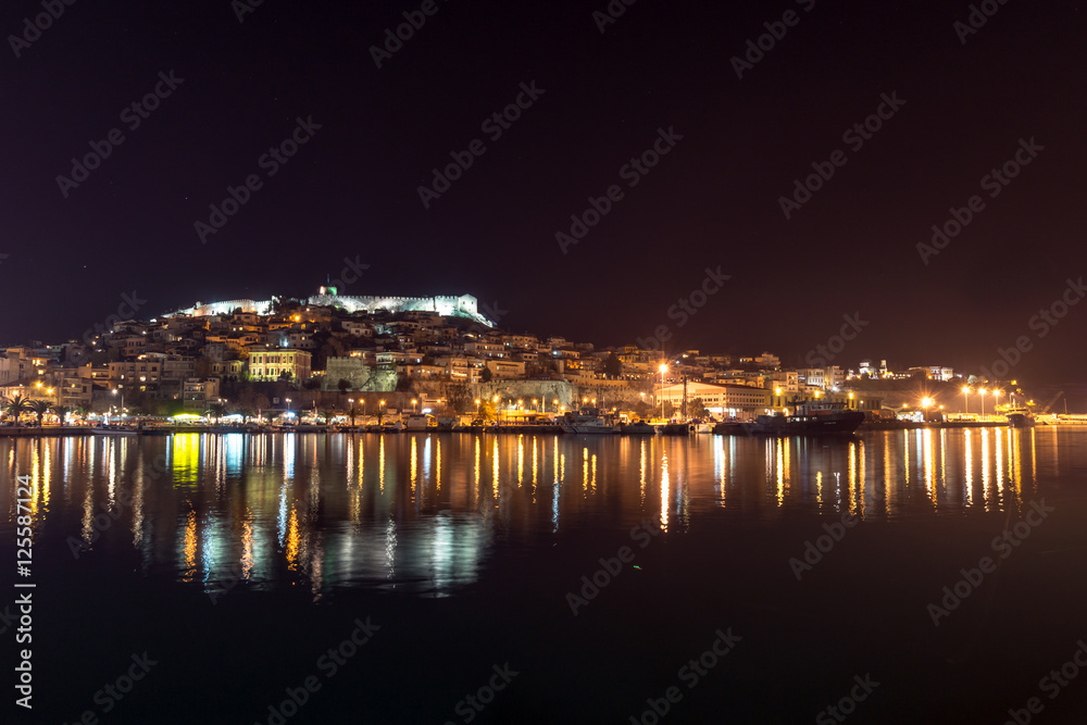 Night photo of old town of Kavala,  East Macedonia and Thrace, Greece