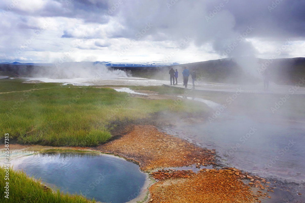 Hot steam over the source of the thermal waters, Hveravellir, Iceland. White nights in Iceland. Hot steam over the source of the thermal waters, Hveravellir, Iceland. White nights in Iceland.