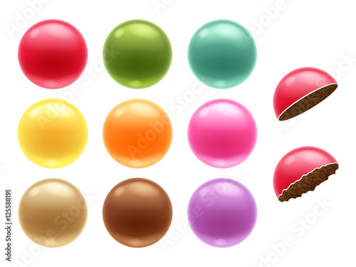 Round colorful chocolate dragee candies set.