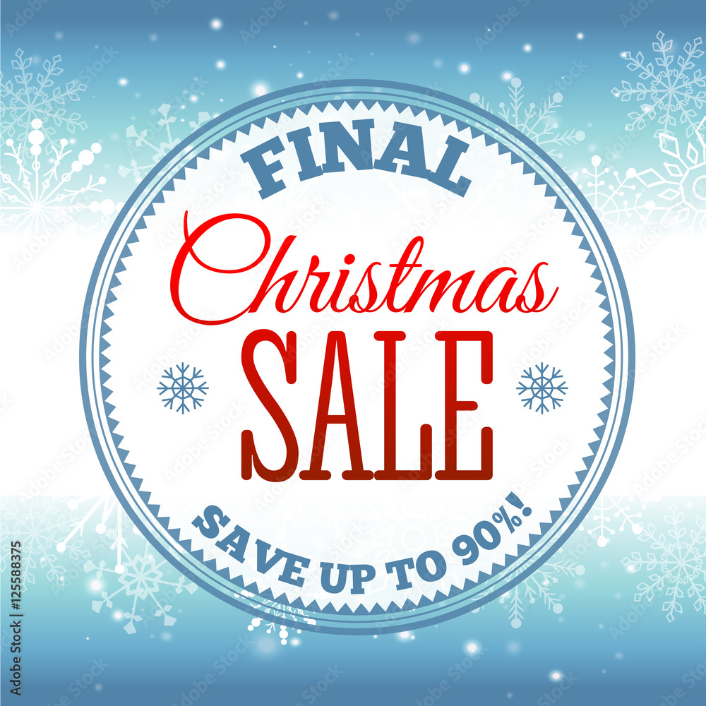 Christmas sale. Vector background with snowflakes and shining sparks. Badge. Inscription.
