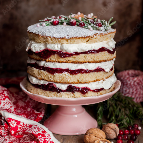 Christmas Layered Cake with Raspberry Jam and Whipped Cream photo