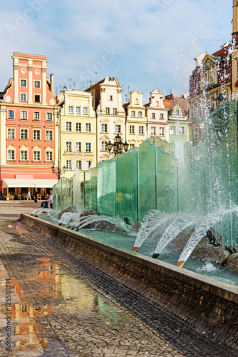 Wroclaw city center, modern glass fountain on market square, Poland