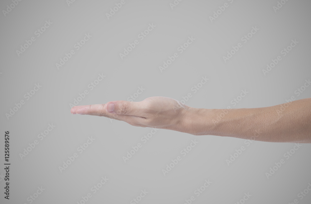 close-up man hand arm sign isolated on gray background