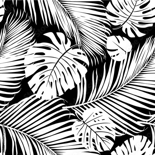 Seamless repeating pattern with silhouettes of palm tree leaves in black on white background.