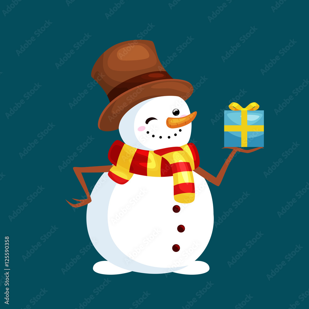 christmas white snowman in hat and scarf with winter xmas present for celebration new year vector illustration christmas white snowman in hat and scarf with winter xmas present for celebration new year vector illustration