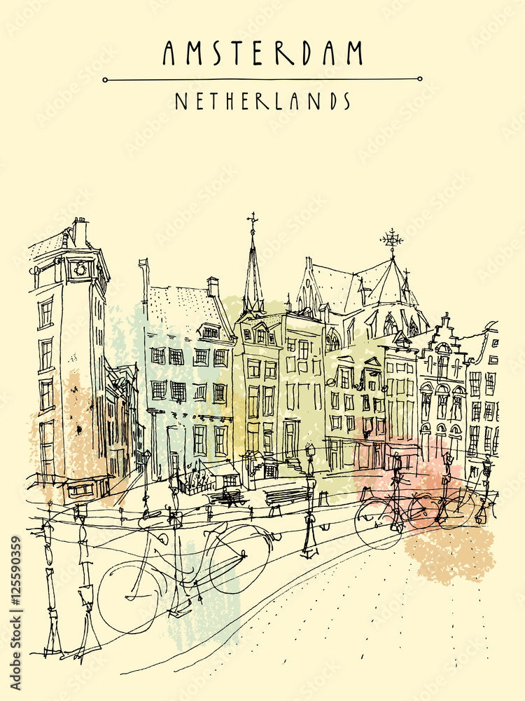 Fototapeta premium Amsterdam, Holland, Netherlands - vintage hand drawn postcard