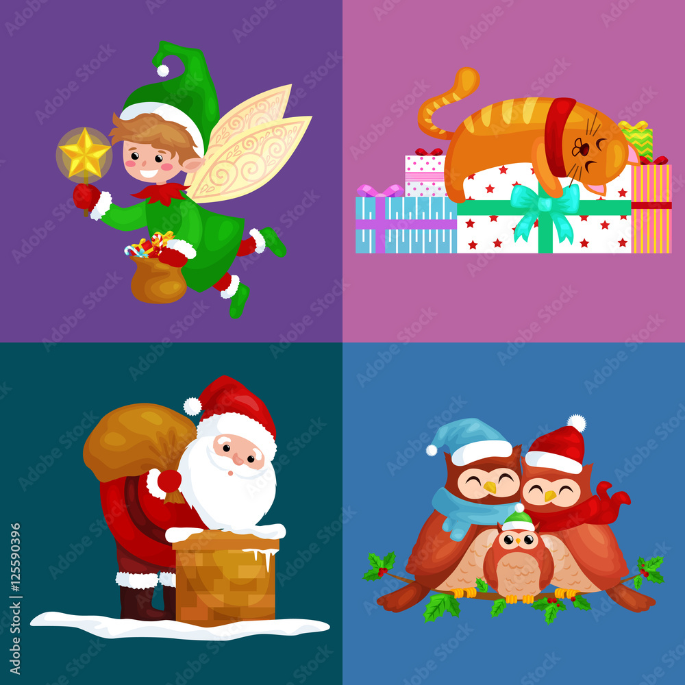 illustrations set Merry Christmas Happy new year, girl sing holiday songs with pets, snowman gifts, cat and dog enjoy presents, owls family and bird,Christmas elf Santa Claus climbing chimney with bag illustrations set Merry Christmas Happy new year, girl sing holiday songs with pets, snowman gifts, cat and dog enjoy presents, owls family and bird,Christmas elf Santa Claus climbing chimney with bag