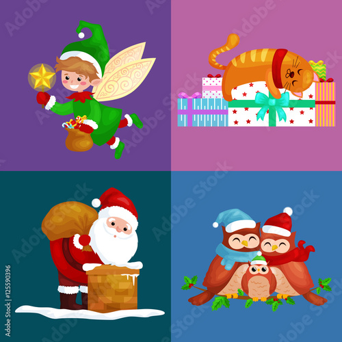illustrations set Merry Christmas Happy new year, girl sing holiday songs with pets, snowman gifts, cat and dog enjoy presents, owls family and bird,Christmas elf Santa Claus climbing chimney with bag © anutaberg