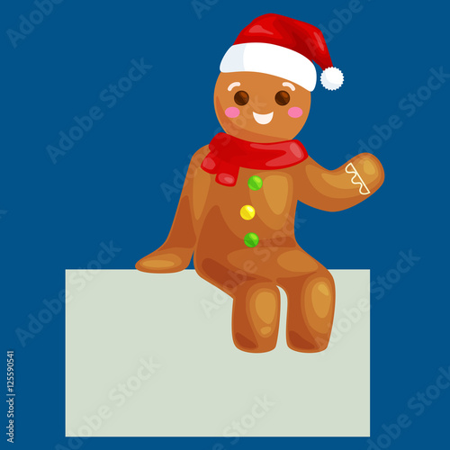 christmas cookies gingerbread man decorated with icing sitting on a plate in a Christmas hat and scarf, xmas sweet food vector illustration