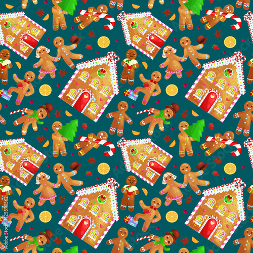 seamless pattern christmas cookies gingerbread man and girl near sweet house decorated with icing dancing and having fun in a cap with the Christmas tree and gifts, xmas sweet food vector illustration