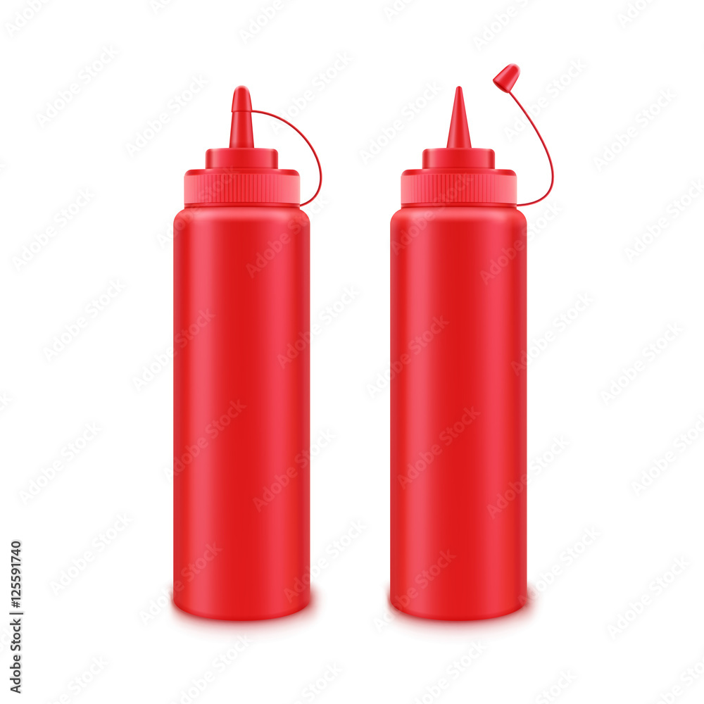 Set of Blank Plastic Red Tomato Ketchup Bottle for Branding without label Isolated on White Background Set of Blank Plastic Red Tomato Ketchup Bottle for Branding without label Isolated on White Background