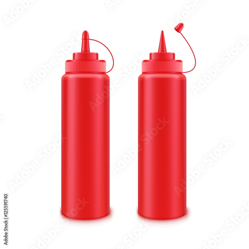 Set of Blank Plastic Red Tomato Ketchup Bottle for Branding without label Isolated on White Background
