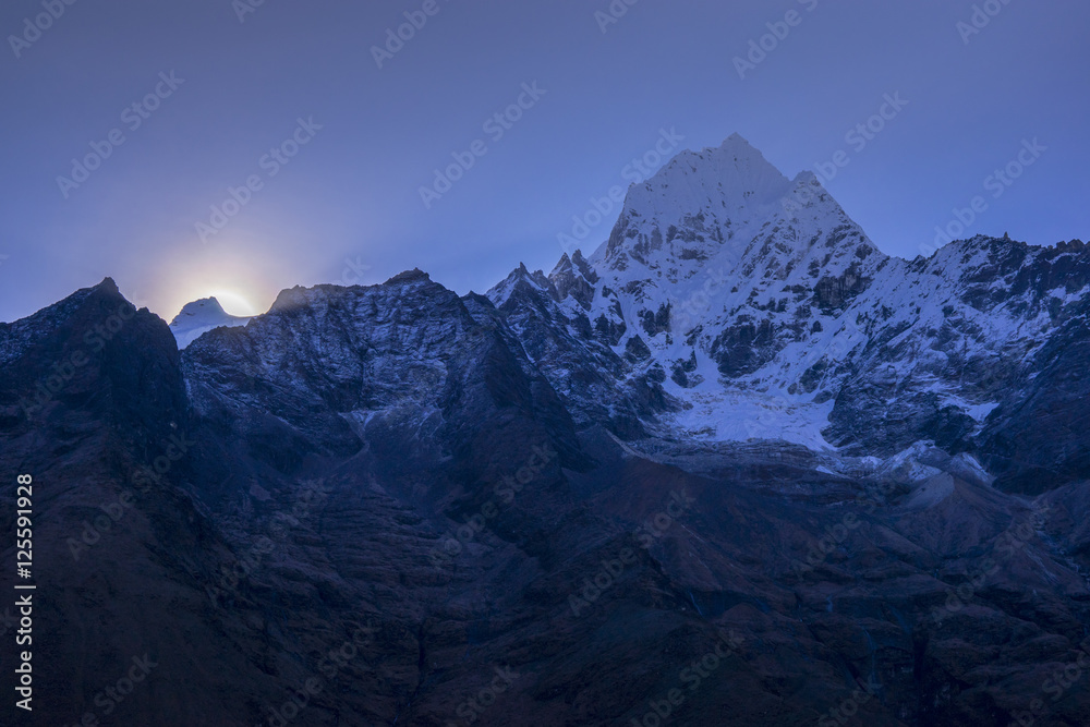 Morning light at Himalayas Region Mountain. During the way to Everest base camp. Sagarmatha national park. Nepal.