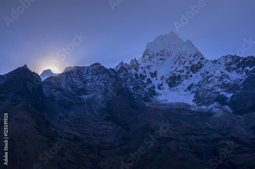 Morning light at Himalayas Region Mountain. During the way to Everest base camp. Sagarmatha national park. Nepal.
