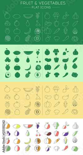 Set of flat fruits and vegetables icons set
