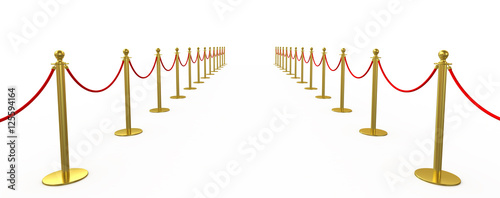 Fotografi Golden fence, stanchion with red barrier rope