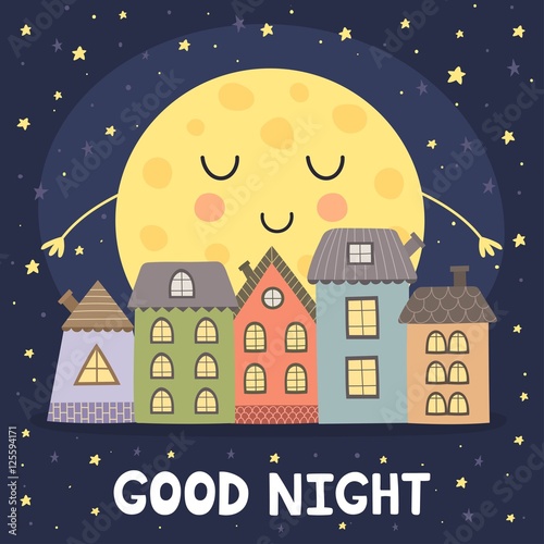 Good night card with smoon and city landscape