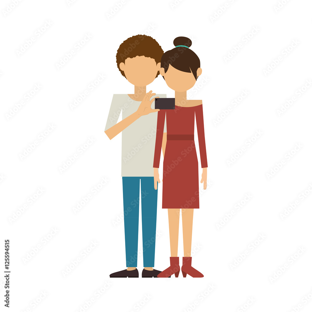 couple and curly man take selfie vector illustration couple and curly man take selfie vector illustration