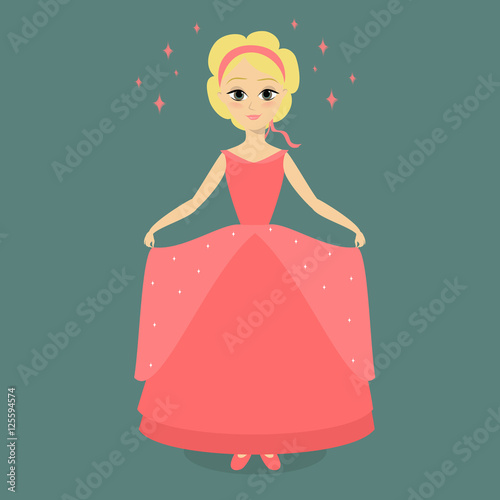Cartoon princess in a pink dress ballroom. Vector illustration