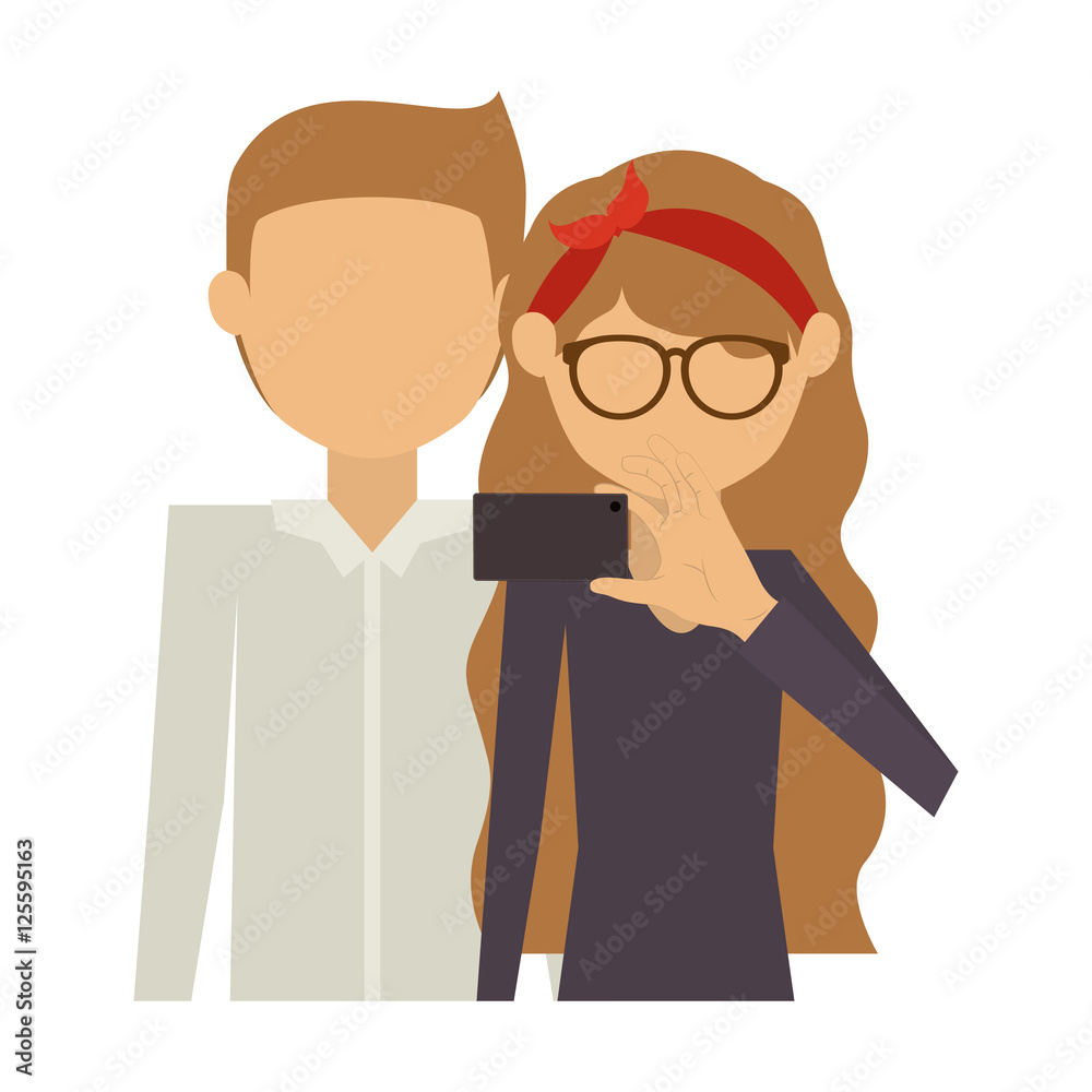 half body couple where woman of hair tied take selfie vector illustration half body couple where woman of hair tied take selfie vector illustration