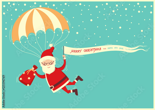 Santa Claus on parachute flying on blue sky with text background
