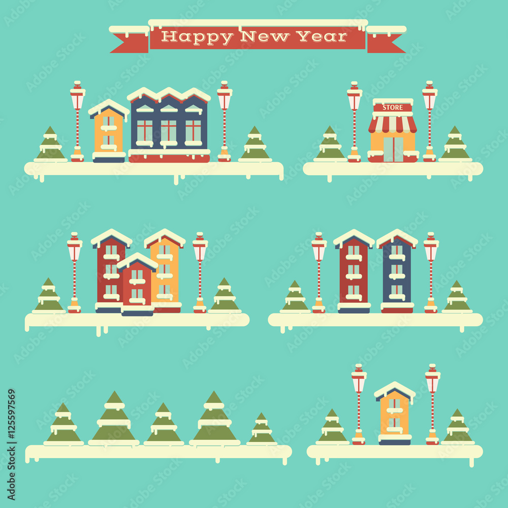 Winter set of houses. Town. Flat. Happy New Year and Merry Christmas