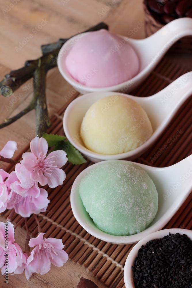 Daifuku Mochi Japanese dessert and hot tea. Daifuku Mochi Japanese dessert and hot tea.