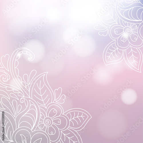 Subtle beautiful pink background with bokeh effect and hand drawn floral doodle. Vector illustration