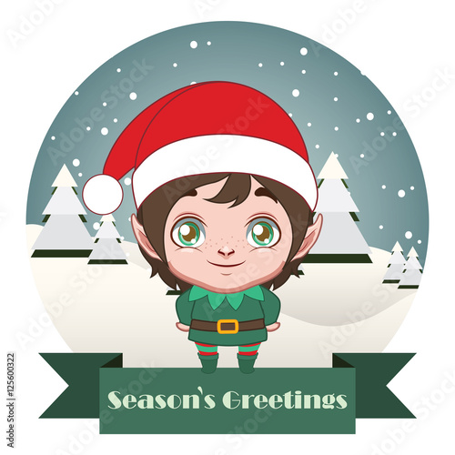 Cute little elf with winter background and festive banner