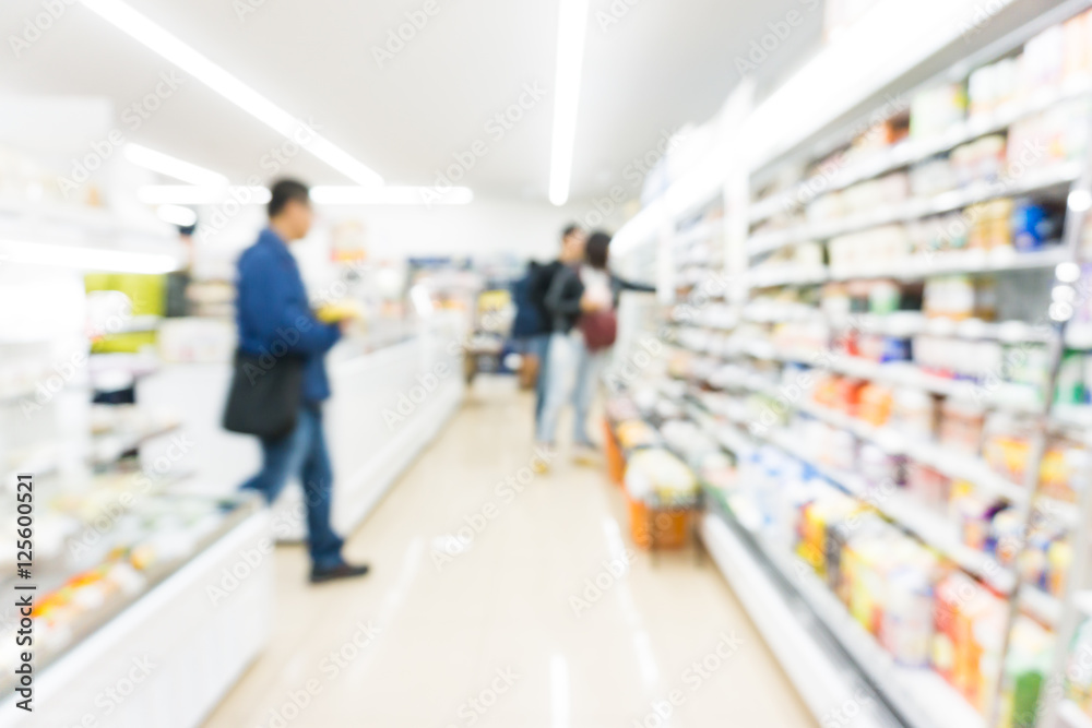 Shelf blurred of modern supermarket with people