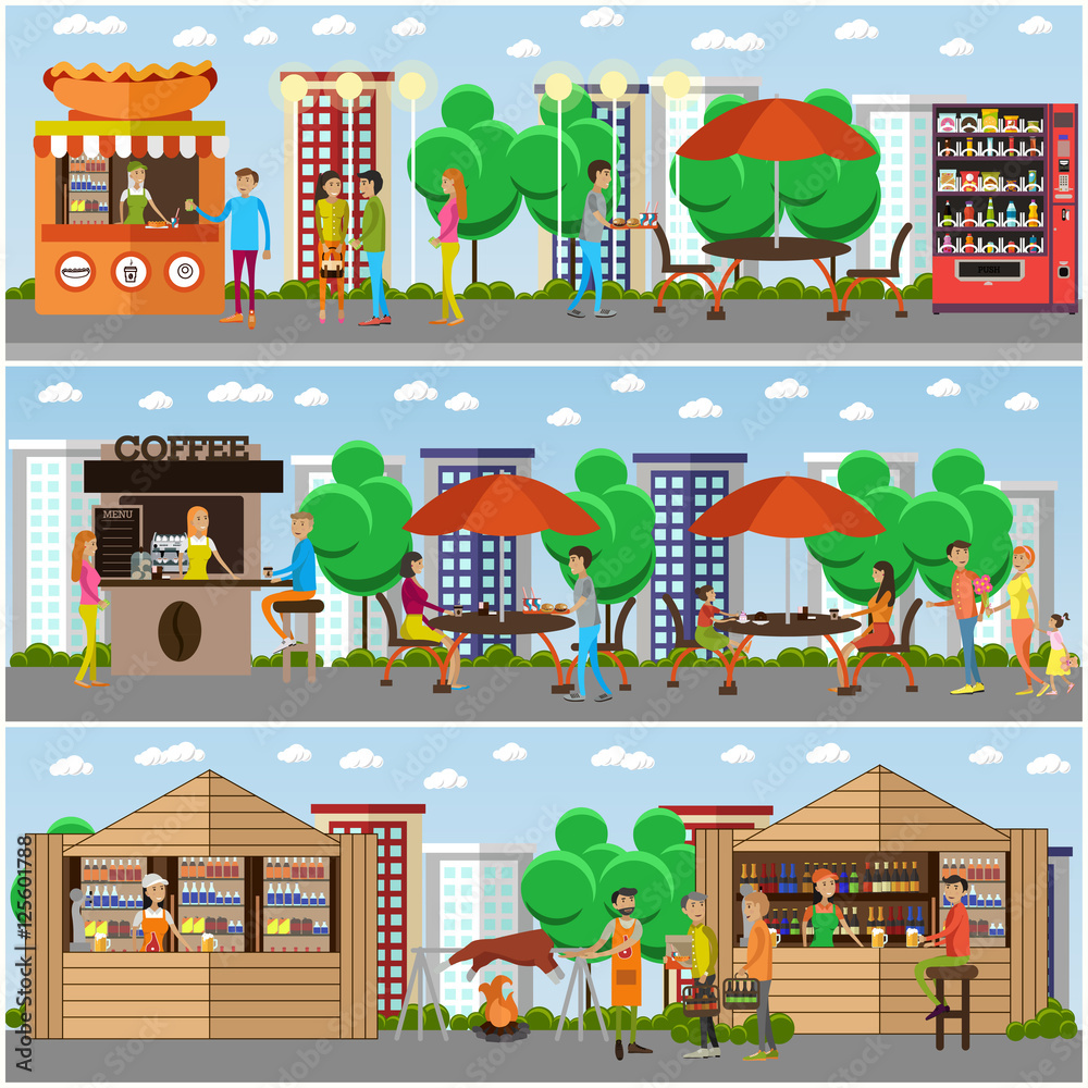 Street food festival concept vector banner. People sell from stalls in park.