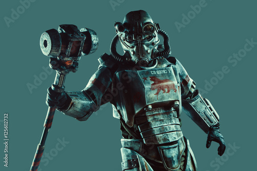Konstfotografi Futuristic soldier in steel armor with the cyber punk hummer.