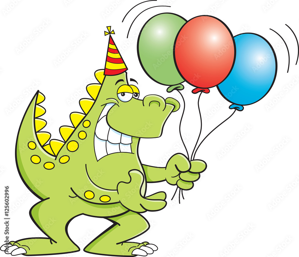 Naklejka premium Cartoon illustration of a dinosaur holding balloons.
