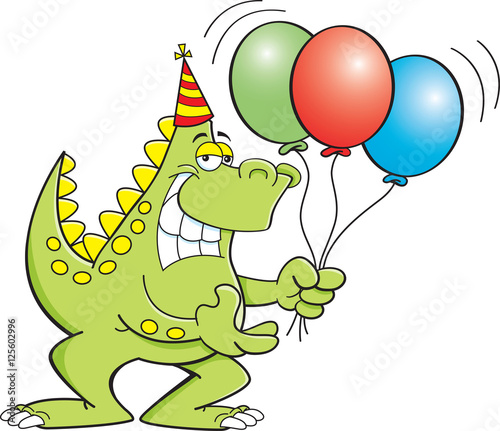 Cartoon illustration of a dinosaur holding balloons. © bennerdesign