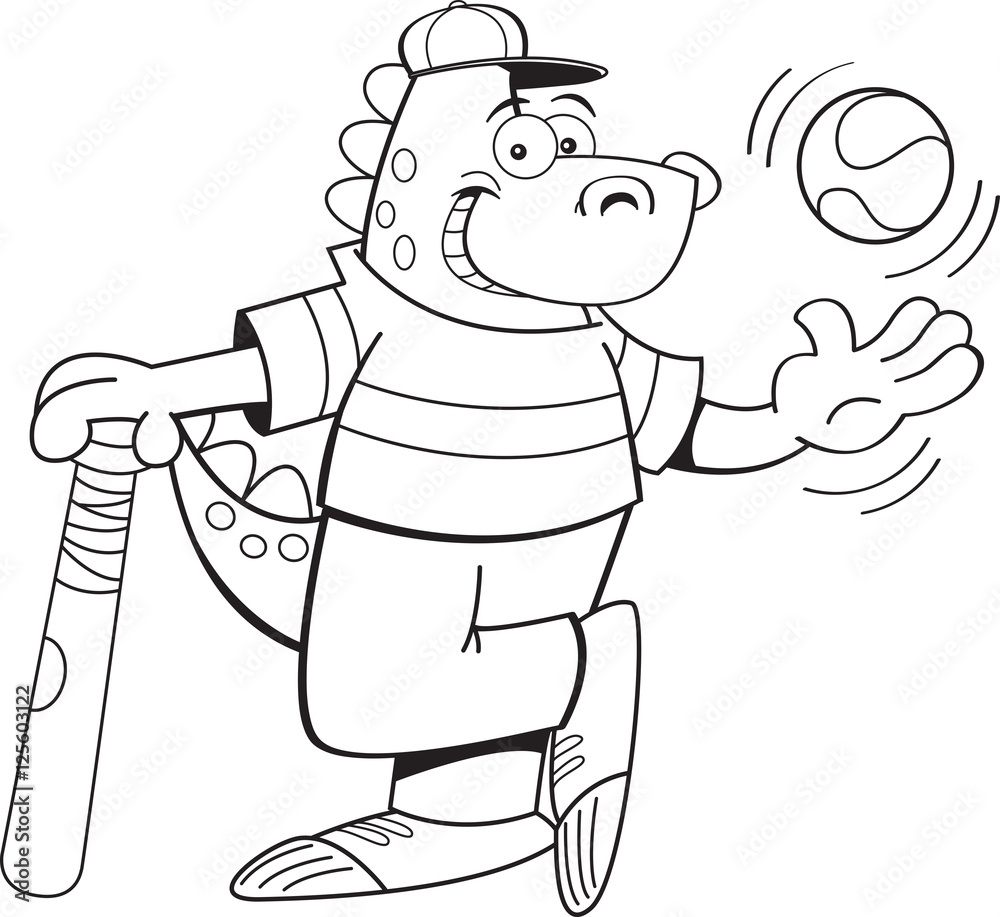 Black and white illustration of a dinosaur tossing a baseball. Stock ...