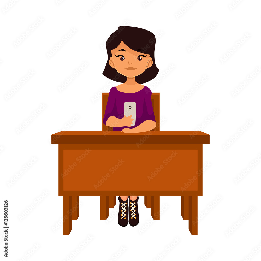 Asian school girl sitting at the desk with a smartphone, cartoon vector illustration isolated on white background. Pretty asian, chinese, japanese girl sitting at the desk with a phone Asian school girl sitting at the desk with a smartphone, cartoon vector illustration isolated on white background. Pretty asian, chinese, japanese girl sitting at the desk with a phone