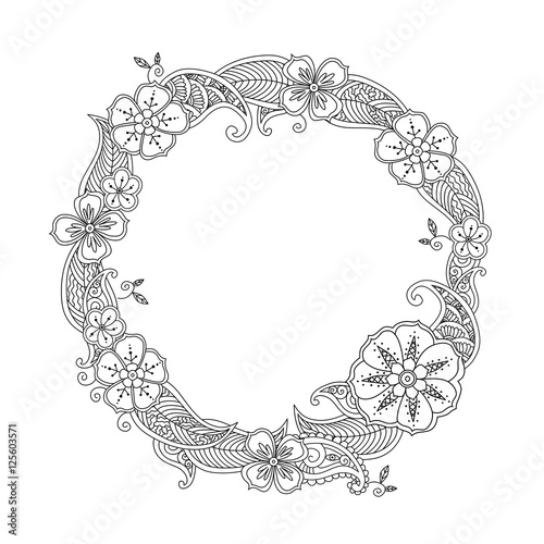 Floral hand drawn round frame in zentangle style isolated on white.