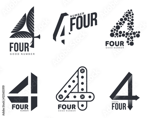 Set of black and white number four logo templates, vector illustrations isolated on white background. Black and white graphic number four logo templates - technical, organic, abstract