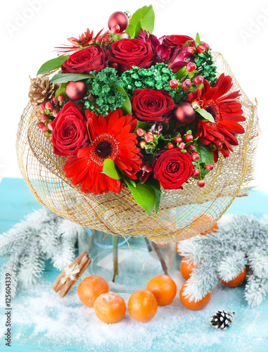 Fototapeta Naklejka Na Ścianę i Meble -  Christmas bouquet of fresh flowers and fruit, isolated on white
