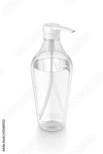 White cosmetic bottle dispenser pump with tube transparent liquid filled container from top angle.