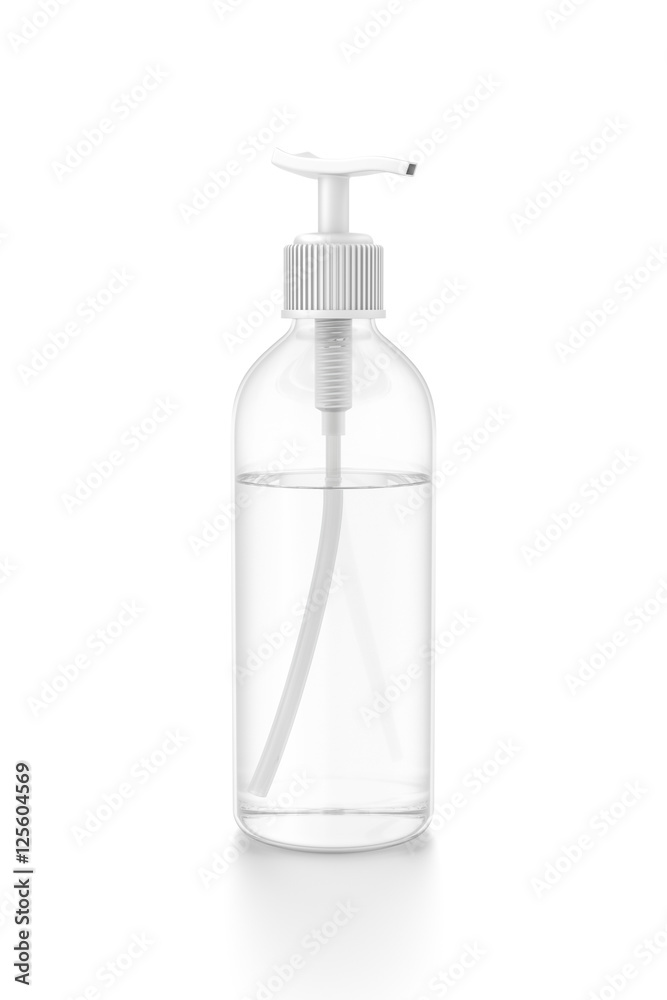 White cosmetic bottle dispenser pump with tube transparent liquid filled container from side angle. White cosmetic bottle dispenser pump with tube transparent liquid filled container from side angle.