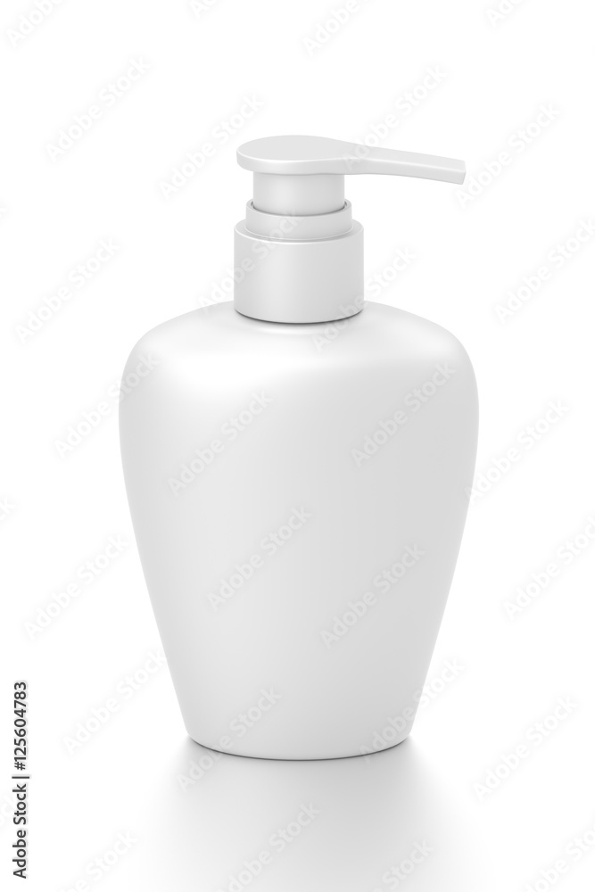 White cosmetic bottle dispenser pump with oval container from front top angle. White cosmetic bottle dispenser pump with oval container from front top angle.